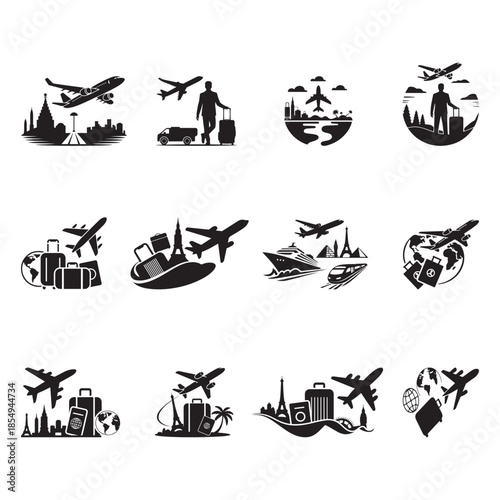 Black Color International Travel Journey Concept Silhouette Vector Illustration, Solid White Background.