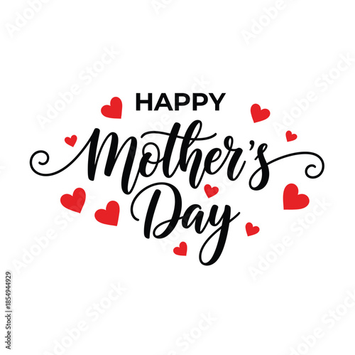 Happy Mother’s Day Handwritten Typography with Red Hearts on White Background