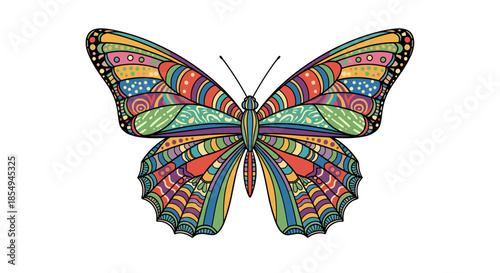 Vibrant and highly detailed butterfly illustration features wings covered in a rainbow of colors and complex symmetrical patterns.