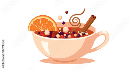 Warm cup of spiced tea or mulled wine is garnished with a fresh orange slice and a cinnamon stick for a cozy winter beverage illustration.