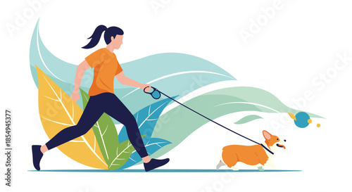 Active woman in an orange shirt goes for a jog while walking her happy corgi dog through a park with stylized leaf shapes behind them.