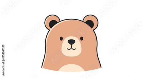 Simple and cute illustration of a brown bear face with round ears and a friendly expression is centered on a plain white background.