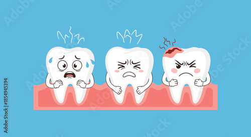 Three cartoon teeth characters on pink gums represent different dental stages including sensitivity, sadness, and tooth decay pain.