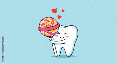 Happy cartoon tooth with closed eyes and rosy cheeks is shown giving a warm hug to a large colorful swirl lollipop candy.