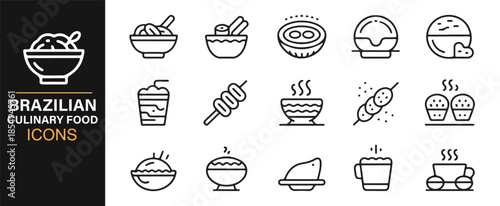 Brazilian cuisine and traditional food line icons set