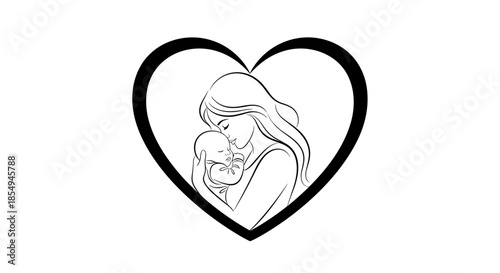 Heart shaped black border framing a minimalist line art illustration of a mother tenderly holding her sleeping newborn baby.