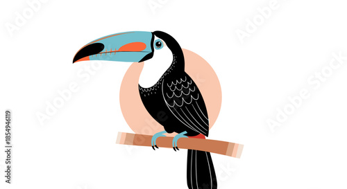 Tropical toucan with a colorful blue and orange beak is perched on a branch in front of a soft pink circular background element.