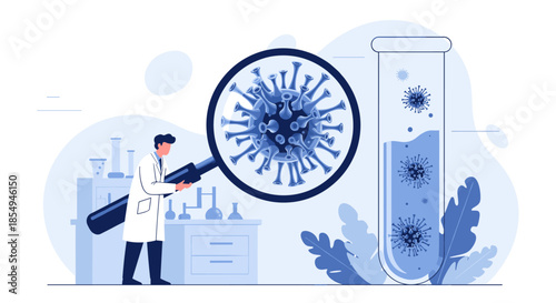 Laboratory researcher examines a large virus through a magnifying glass while test tubes containing viral samples stand nearby in a lab.
