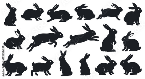 Large collection of black rabbit silhouettes shows various bunny poses including sitting, jumping, running, and standing on hind legs.