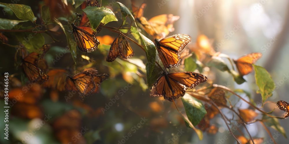 Naklejka premium Butterflies gathering on leaves in a natural setting during daylight hours