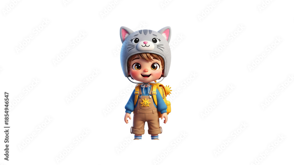 Fototapeta premium Cartoon boy in kitty hat with backpack