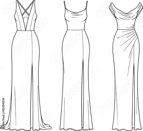 Set of Technical Flat Sketches of Women's Evening Gowns Featuring Cowl Necklines Sleeveless Silhouettes High Side Slits and Drape Details