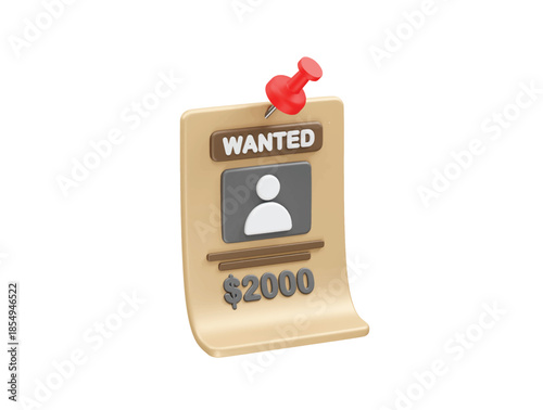 Wanted Poster with Reward and Thumbtack icon 3d render illustration