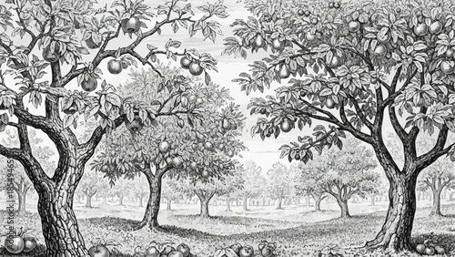 Vintage illustration of a lush apple orchard with ripe fruit on trees.