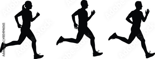 Silhouettes of a female and two male runners demonstrating dynamic motion and athletic movement