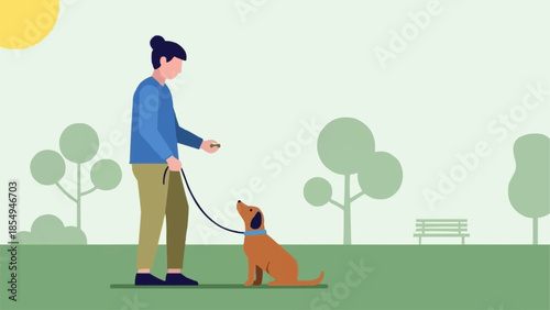 Woman training her dog in a park on a sunny day.