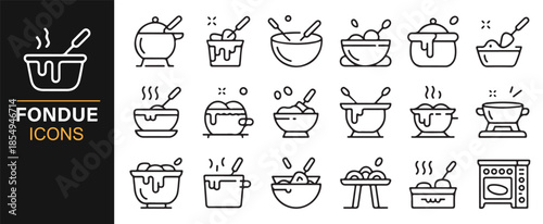 Traditional fondue cooking minimal icon set