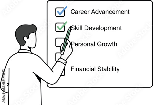 Business professional marking achieved goals on a development checklist focusing on career advancement and skill acquisition for future success
