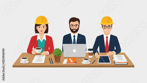 Three engineers in hard hats collaborating at a desk with a laptop.