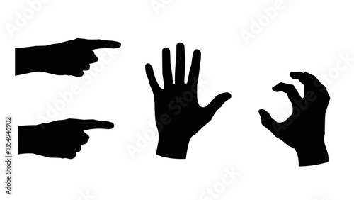 Three Silhouette Hand Gestures Pointing Open and Grasping.