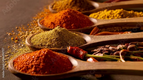 Wooden spoons filled with colorful spices turmeric paprika cumin coriander chili powder variety assortment