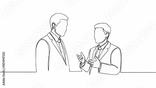 Two businessmen in suits having a conversation line drawing.