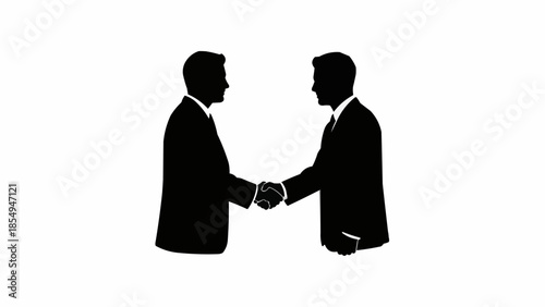Two businessmen shaking hands in silhouette against a white background.