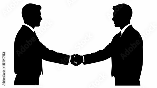 Two businessmen shaking hands in silhouette against a white background.
