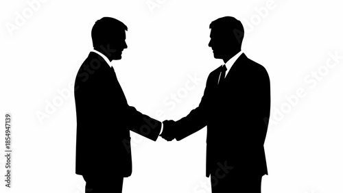Two businessmen shaking hands in silhouette against a white background.
