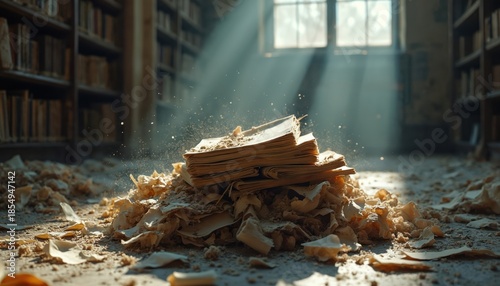 Old books decay in sunlit abandoned library. Dust motes dance in light beams. Knowledge is lost, forgotten history disintegrates on floor. Study fades away, pages crumble into debris, showing neglect.