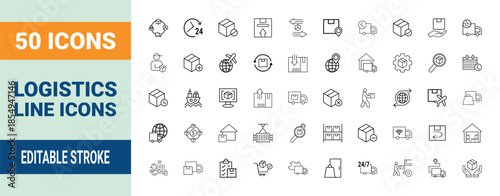 Logistics and Delivery Line Icon Set. Set of 50 outline icons including shipping, supply chain, warehouse, transportation, global trade Symbols