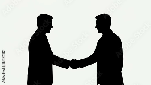 Two businessmen silhouettes shaking hands in agreement on a white background.