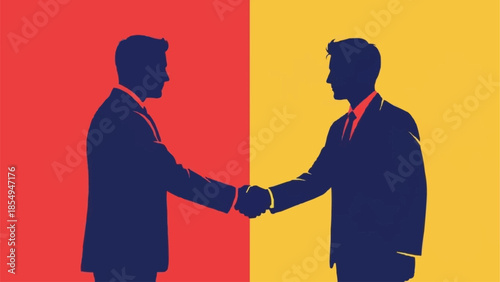 Two Businessmen Shaking Hands Silhouettes Against Red and Yellow Background.