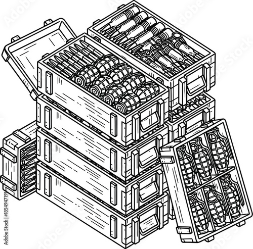 Stacked military supply crates filled with various types of explosive ordnance including numerous hand grenades and ammunition rounds detailed in a line art illustration