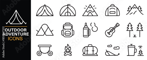 Outdoor gear and nature tourism outline icons