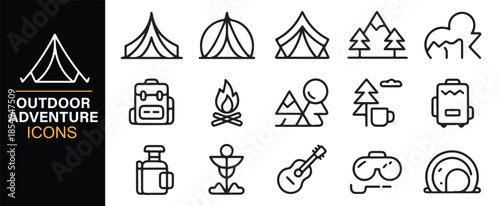 Camping lifestyle and hiking UI line icons