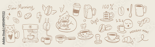 Hand drawn slow morning coffee doodle set with cozy vibes, sleepy mood, cups, beans and rituals. Warm minimal line art elements for lifestyle branding, packaging, posters and social content.