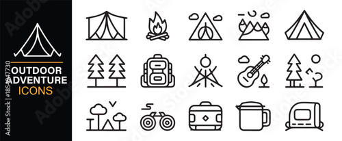 Camping gear and outdoor travel outline icon collection