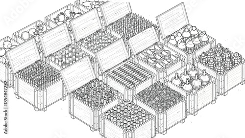 Detailed black and white illustration depicting numerous open wooden crates filled with various types of military ordnance like grenades and rifle ammunition ready for transport.