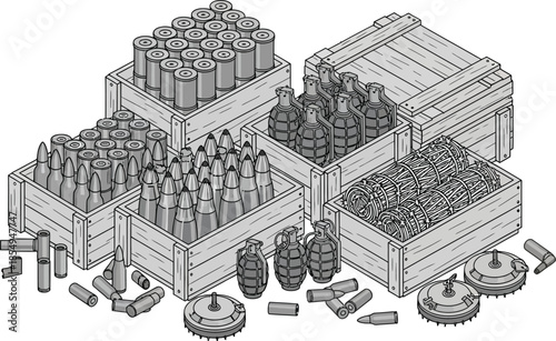 Illustration of wooden crates overflowing with military ammunition artillery shells grenades and various explosive ordnance components stacked together in an isometric view