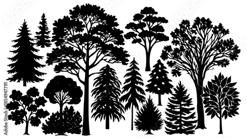 a striking black and white silhouette depicts a diverse collection of trees with varying shapes and sizes creating a peaceful forest scene high quality professional detailed