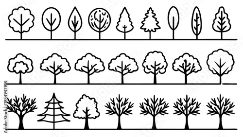 a collection of various stylized tree outlines presented in a linear arrangement displaying different canopy shapes and branch structures high quality professional detailed modern elegant stylish