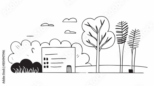 this simple black and white sketch depicts a building nestled among trees with fluffy clouds floating in the background representing a peaceful scene high quality professional
