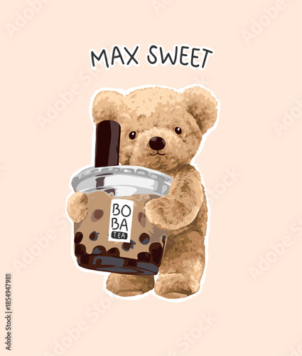 bear doll holding boba tea cup vector illustration