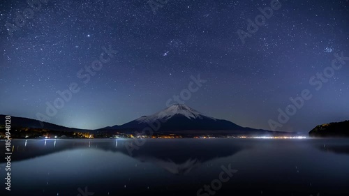 山中湖の湖面に映る富士山に沈むオリオン座Timelase