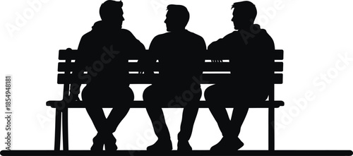 Silhouette of three young men sitting closely together on a park bench outdoors