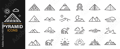 Ancient landscape and travel destination line icons