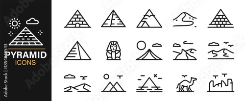 Pyramid tourism and mountain scenery outline icons