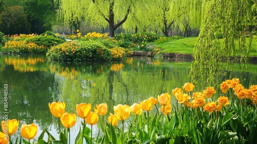 A vibrant spring garden with sharp tulips and daffodils, a clear pond surrounded by willow trees, adding a sense of life and vitality to the natural landscape