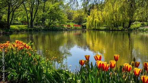 A vibrant spring garden with sharp tulips and daffodils, a clear pond surrounded by willow trees, adding a sense of life and vitality to the natural landscape